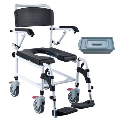 Shower Commode Wheelchair with 4 Lockable Wheels, Footrests, Flip-up Arms, 3-Level Adjustable Height