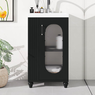 Petit meuble-lavabo de 20 po avec lavabo, petite armoire de salle de bain avec porte-papier hygiénique et tablette ouverte, meuble-lavabo en bois massif avec porte en verre