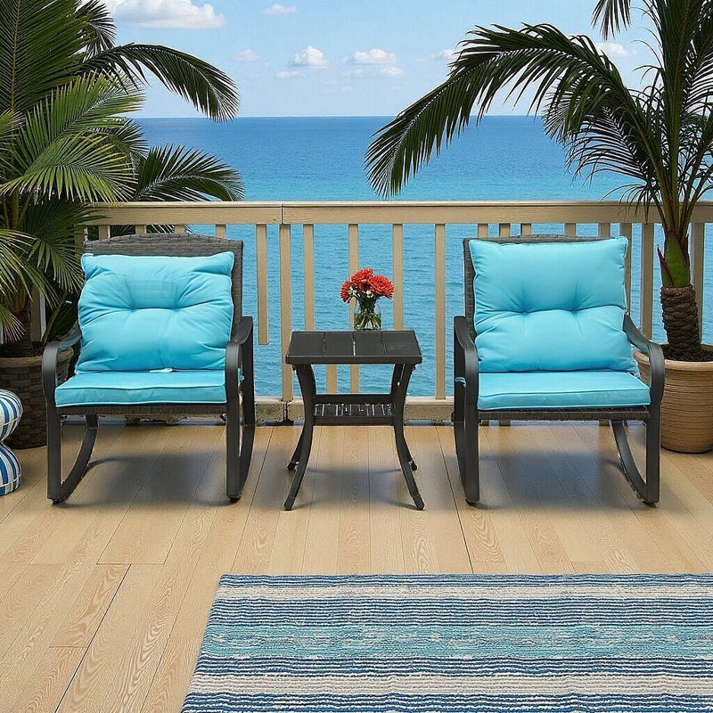 2PC Outdoor Rocking Chairs Seating Group With Cushions & Coffee Table, Blue