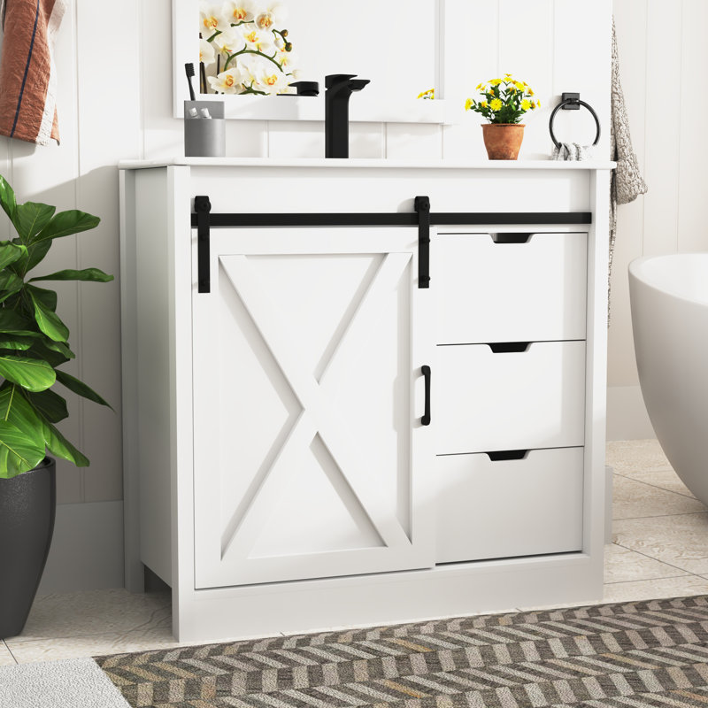 Bathroom Vanity With Sink, Faucet, Mirror, Sliding Barn Door, And Drawers, 36", White