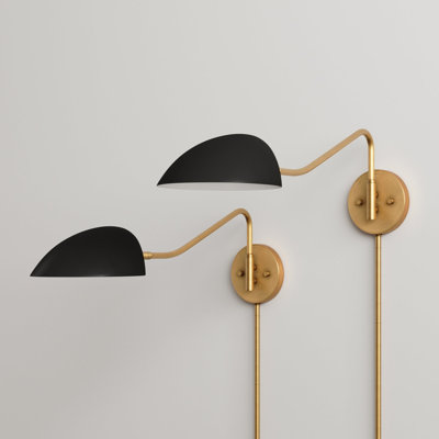 Plug-In Wall Sconce with Black Dome Shade and Brass Swing Arm. 2-Pack