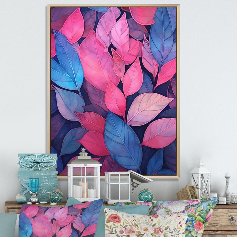 «Pink Blue Leafs Harmony III», reproduction sur toile, H 32 po x l 16 po x P 1 po, Cadre naturel flottant