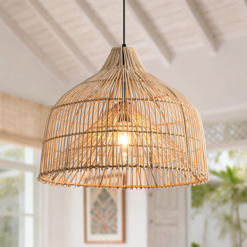 Rattan Pendant Light, Natural Wicker Shade, Iron Frame, Adjustable Height, E27 Socket, 50 Cm Diameter, For Living Room Dining Area (Bulb Not Included)