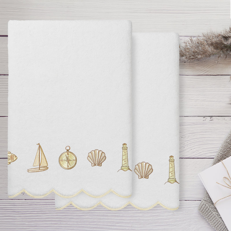  100% Turkish Cotton SEA JOY Scallop 2PC Embellished Bath Towel Set, White/Beige, Bath Towels - 2 Pack