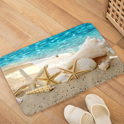 Tapis de bain antidérapant en mousse éponge pour la salle de bain, tapis en flanelle durable, impression 3D brillante pour le salon, tapis de dégagement d'eau absorbants pour la salle de lavage et la cuisine, étoile de mer décorée de pétoncles