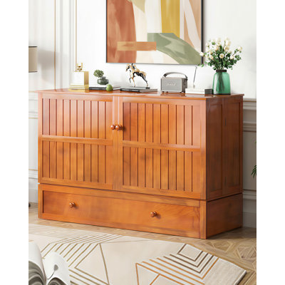 Queen Murphy Bed Chest With Large Storage Drawer & Charging Station, Cherry