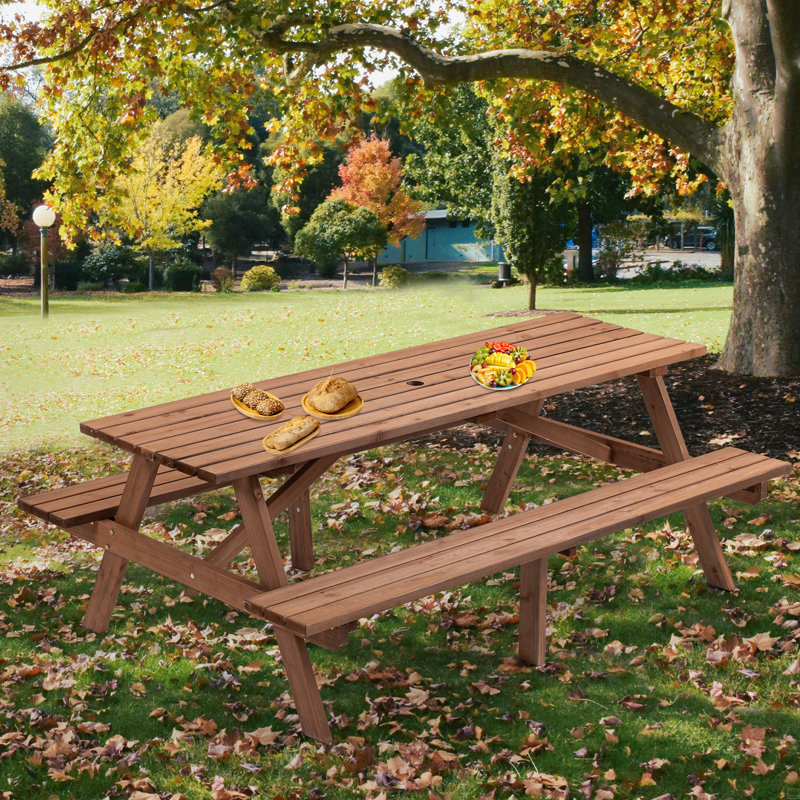 8 Person Wooden Picnic Table, Outdoor Camping Dining Table With 2 Seats, Garden, DIY With 2 Built-In Benches, 2220Lb Capacity