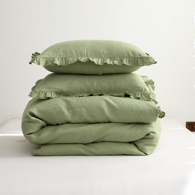 Ensemble de housse de couette en lin à volants, Housse de couette pour grand lit et 2 taies décor, Vert sauge