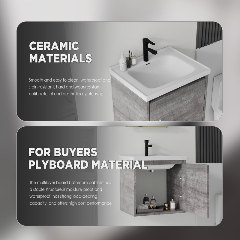 Meuble-lavabo flottant 20 po avec lavabo, porte à fermeture en douceur, évier en céramique, contreplaqué, gris, Stone Grey