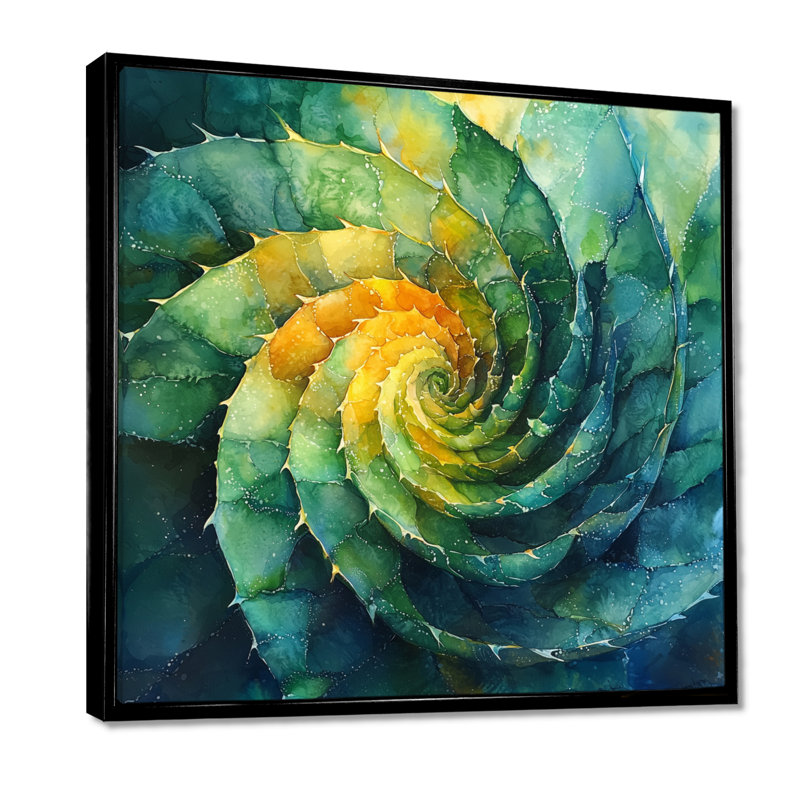 Géométrique, spirale, feuille d'aloès, plante grasse II, Impression encadrée flottante, Noir, noir, noir, noir