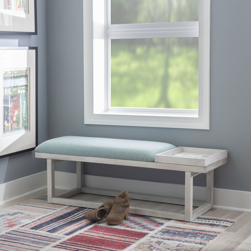 Upholstered Bench with Removable Tray, Aqua/White
