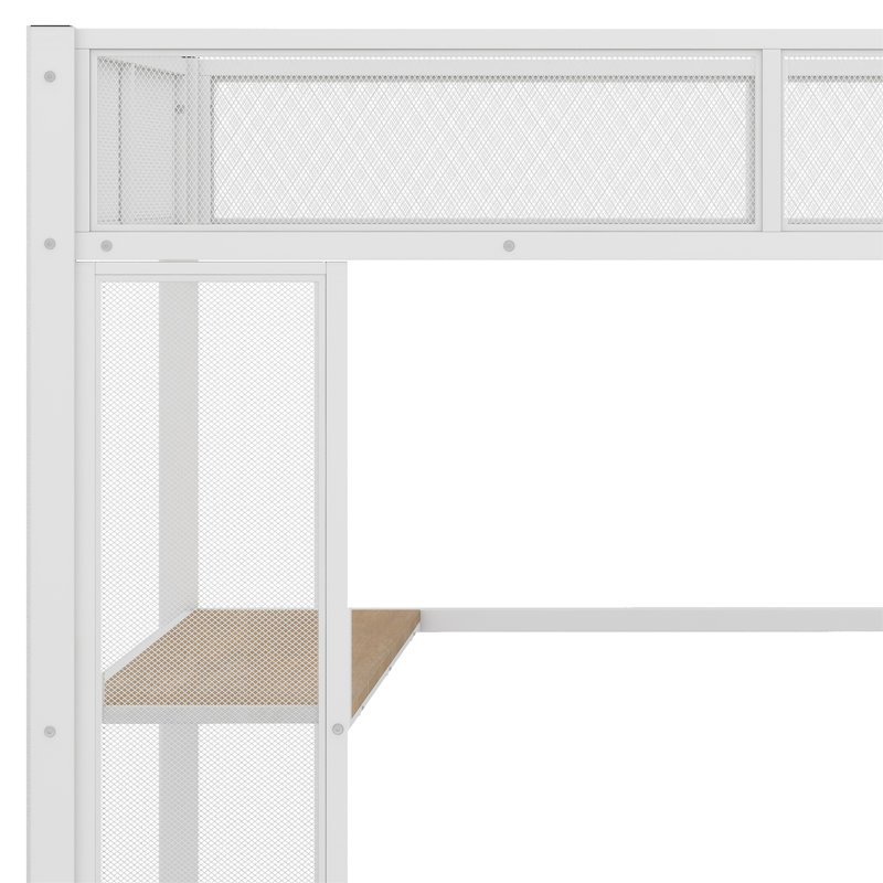 Lit mezzanine en métal avec DEL, bureau, garde-robe ouverte et 3 tiroirs de rangement en métal, Blanc