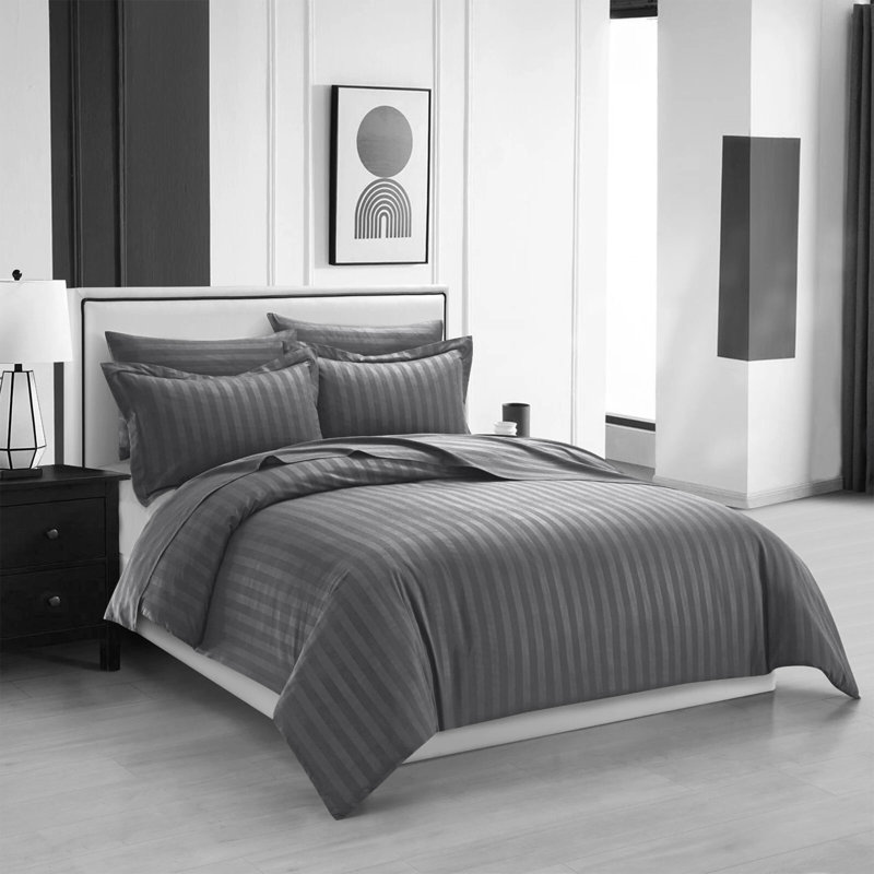 Microfiber Striped Duvet Cover Set with Pillowcases, Grey, Double Duvet Cover Set + 2 Standard Pillowcases