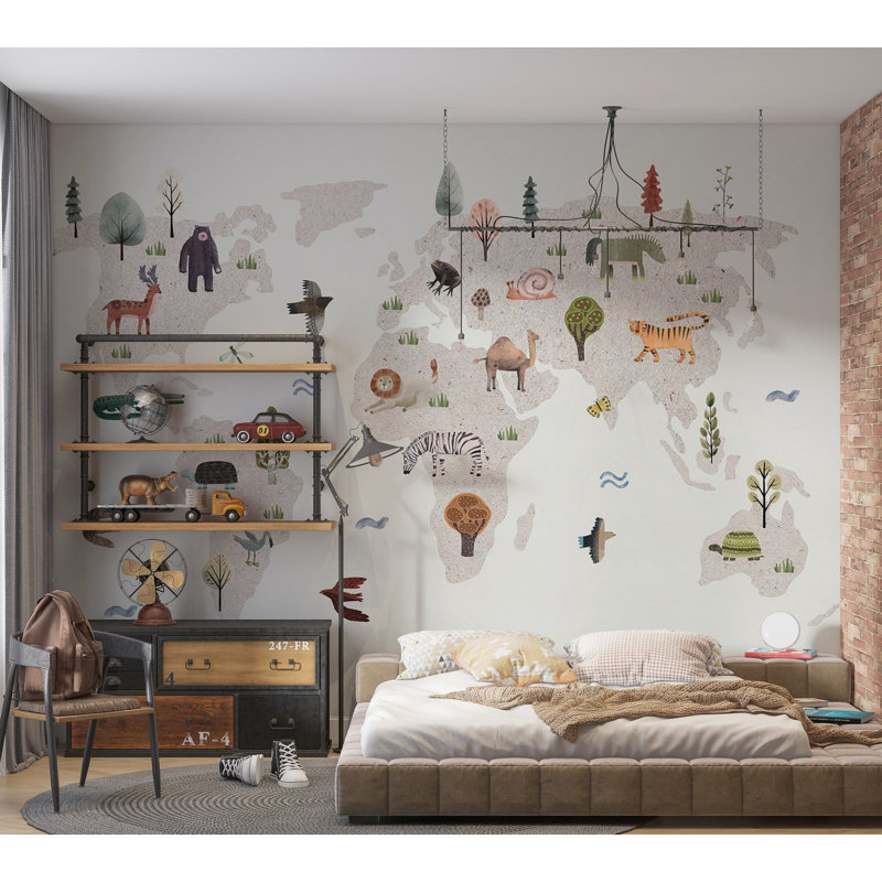 Papier peint pour enfants, carte du monde beige avec animaux, L 177 po x L 124 po