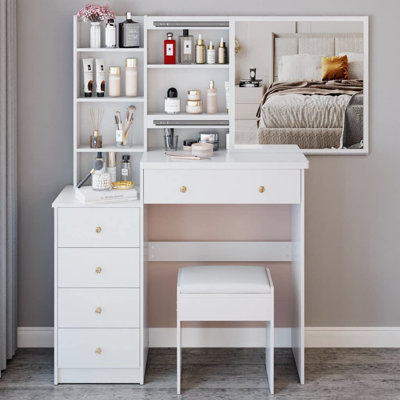 37" Vanity Table with Left Cabinet & Sliding Mirror | Dressing Set with Cushioned Stool, Multi‑Layer High Capacity Storage