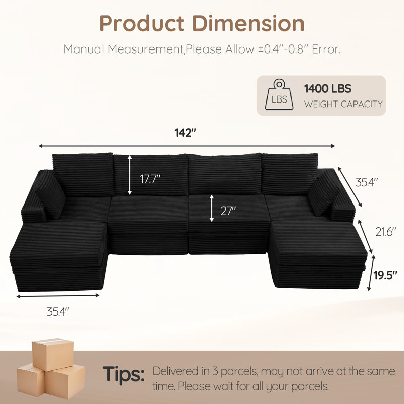 142" Corduroy Cloud Modular Sectional Sofa, Extra Deep Seat with Storage, U/L Shaped Convertible Couch, Black
