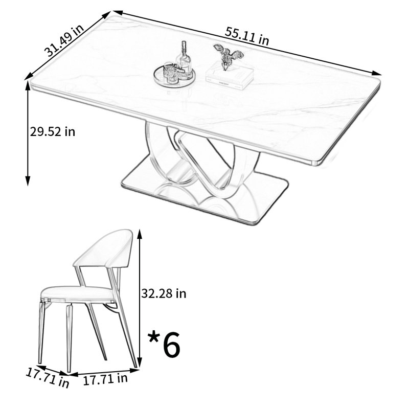 Ensemble de table de salle à manger haut de gamme avec chaises, H 29,52 po x L 55,11 po x l 31,49 po