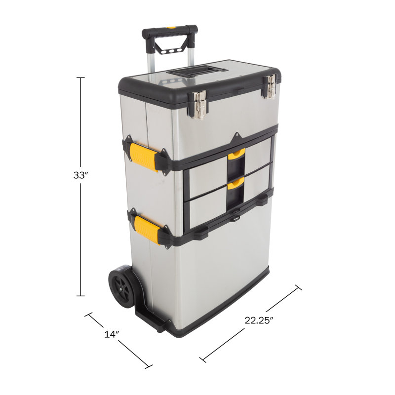 3-Part Portable Tool Box - Stainless-Steel Drawer Organizer with Wheels, Extendable Handle and Tough Latches - Rolling Tool Chest by Stalwart (Silver)