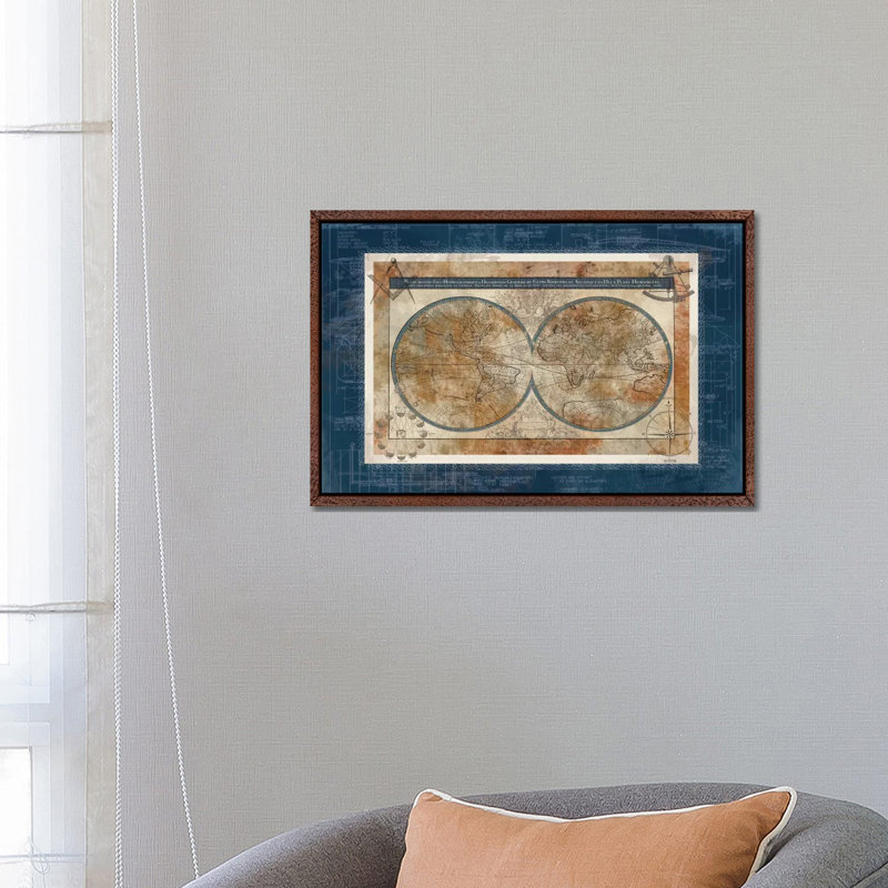 Blueprint Of The World by Carol Robinson - Print on Canvas, Classic Brown Wood Framed Canvas, 152.5 cm H x 101.5 cm W