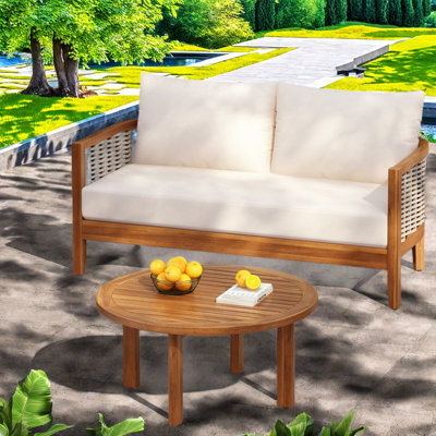 Ensemble de salle à manger de patio en bois d'acacia durable de style moderne avec table en corde tissée pour le jardin et le balcon