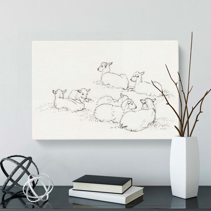 Six Lambs by Jean Bernard - Wrapped Canvas Drawing - Wrapped Canvas, 40cm H x 60cm W x 3cm D