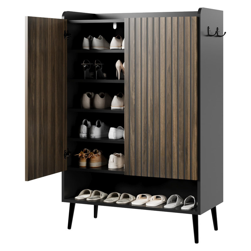 Spacious 6-Tier Shoe Cabinet Set – Double Doors, Adjustable Shelves, Hooks – Freestanding Wooden Entryway Organizer – Modern Hallway Storage – Black Cabinet with Dark Walnut Doors, Set of 2