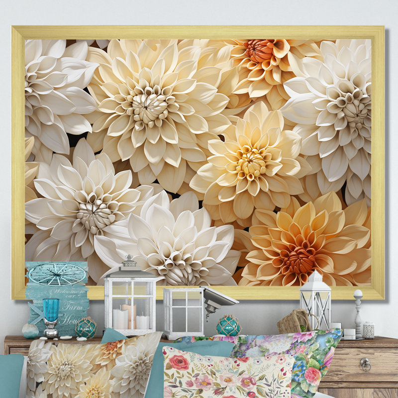 Minimalisme des mamans en fleurs en beige et blanc, Cadre doré simple, H 24 po x l 32 po x P 1 po