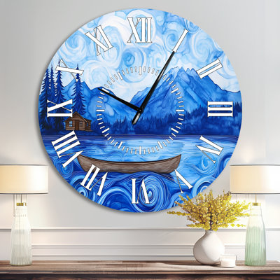 Horloge murale rustique en métal Blue Cabin Canoe Bay, imprimée sur métal
