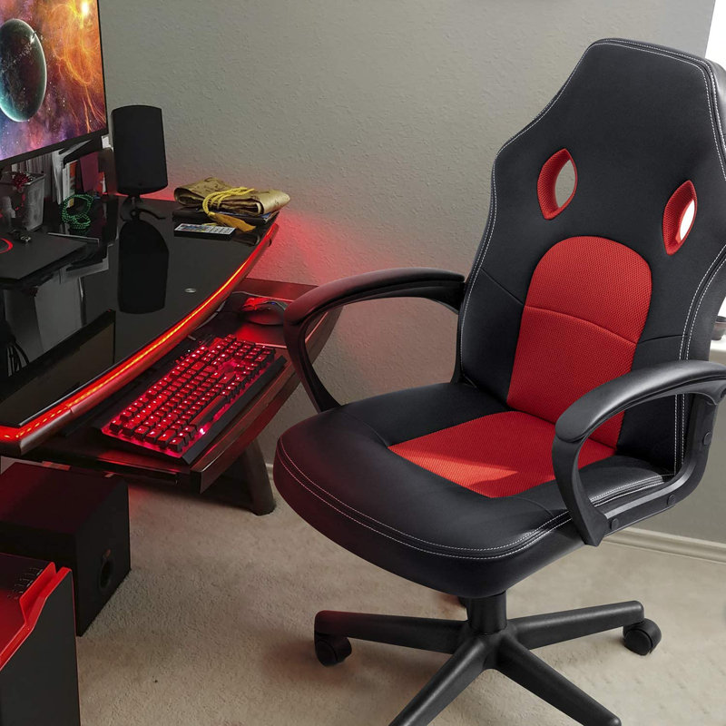Ebern Designs Adjustable Reclining Ergonomic Faux Leather Swiveling PC & Racing Game Chair, Red