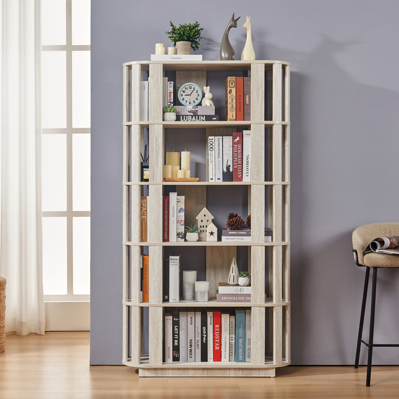 Bibliothèque ovale en bois ouverte, bibliothèque autoportante à cadre en panneau de fibres à densité moyenne, support de rangement à 5 niveaux facile à assembler pour le salon, décoration de bureau à domicile