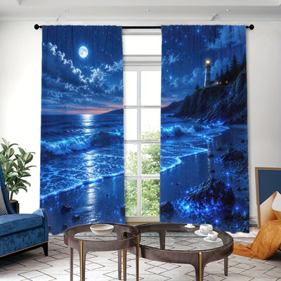 2PCS Mystical Moonlight Beach Scene Thin Light Filtering Curtains with Lighthouse and Starry Sky, Ocean Wave Print, Easy Hang Rod Pocket Design, All-Season for Home Living Room Bedroom Study Decoration