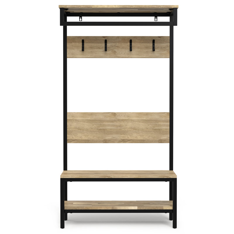 Natural Mango Wood Industrial Hall Tree with Storage Bench