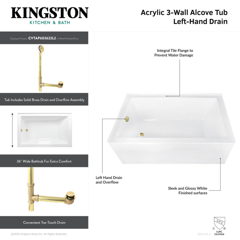 Kingston Brass Aqua Eden 60-Inch Acrylic Rectangular 3-Wall Alcove Tub, Right Hand Drain, Antique Brass, Left Hand Drain