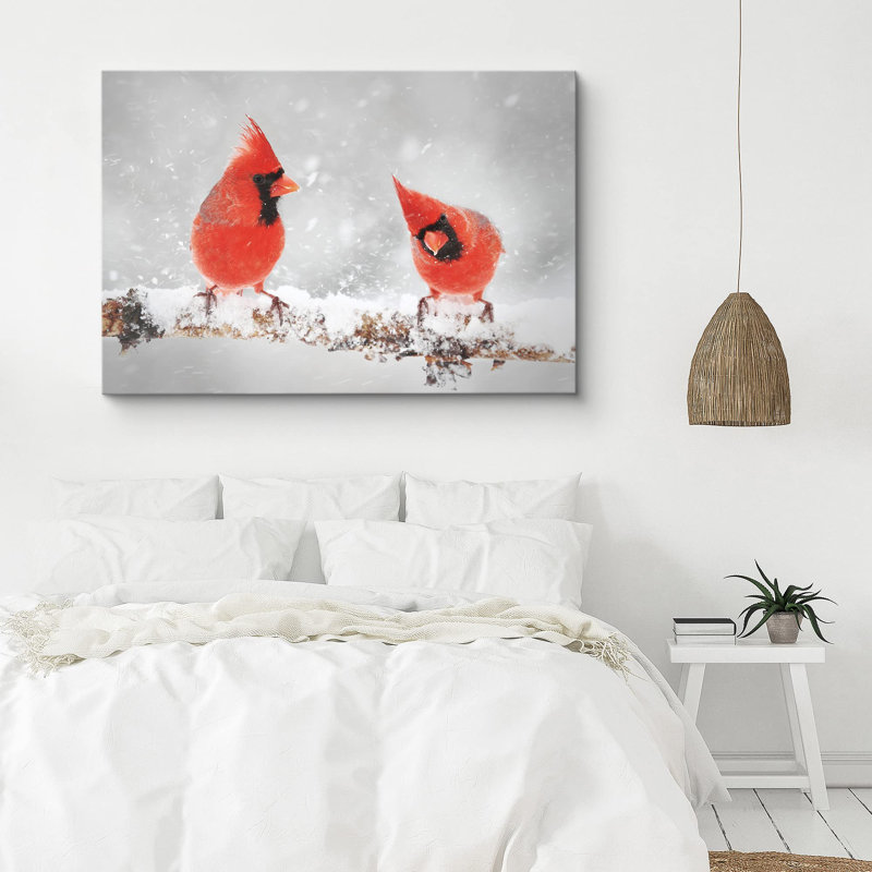 Oiseau, animaux, deux cardinaux dans la neige, H 16 po x l 24 po