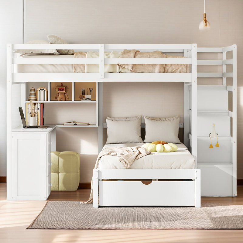 Full Over Twin Bunk Bed With Desk, Drawers And Shelves, White