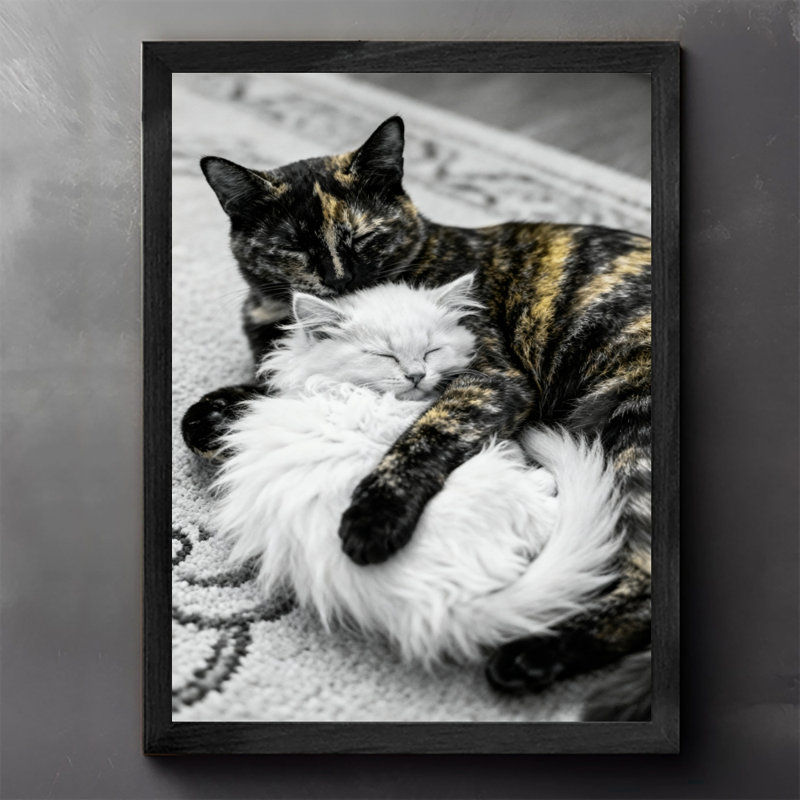Reproduction d'art encadré noir avec chats rétro blottis ensemble dans une ambiance chaleureuse, H 25 po x l 17 po
