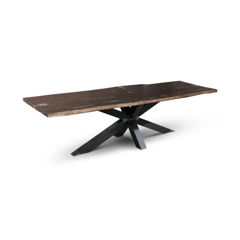 Anamaria Solid Wood Top Metal Base Dining Table, 75cm H x 260cm L x 100cm W, Dark Brown Wood, Black