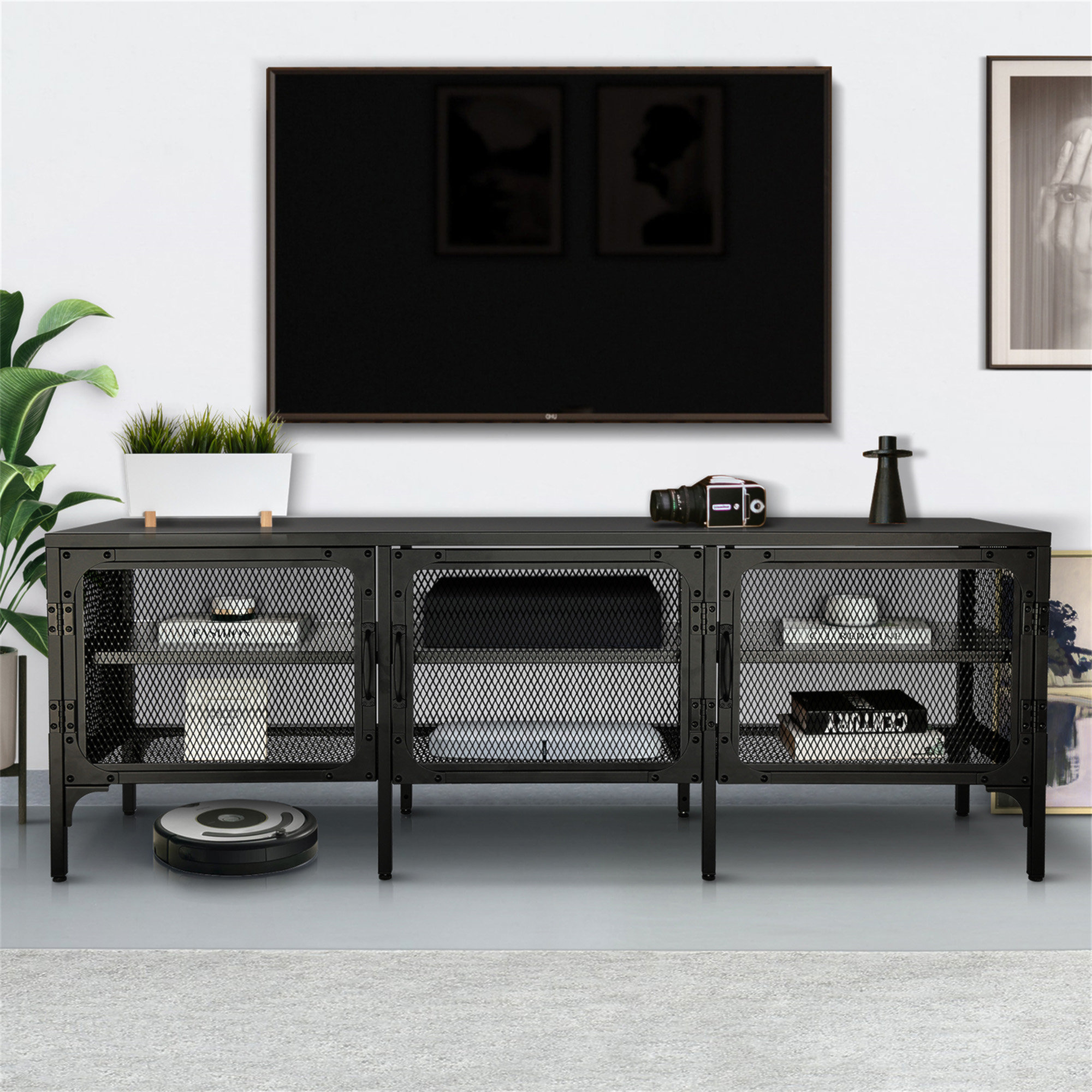 17 Stories Industrial Wood And Metal TV Stand Entertainment Center