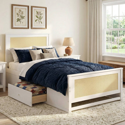 Twin Size Natural Rattan Platform Bed Frame, Spacious Pull-Out Storage Drawers, No Box Spring Required, Scratch-Resistant Sturdy Slat Support