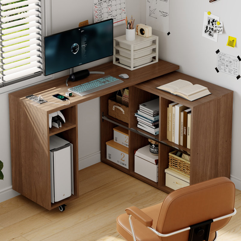 67" Black L-shaped Desk With Charging Station & 360° Rotating Top, Multi-functional Computer Desk For Office, Bedroom & Living Room
