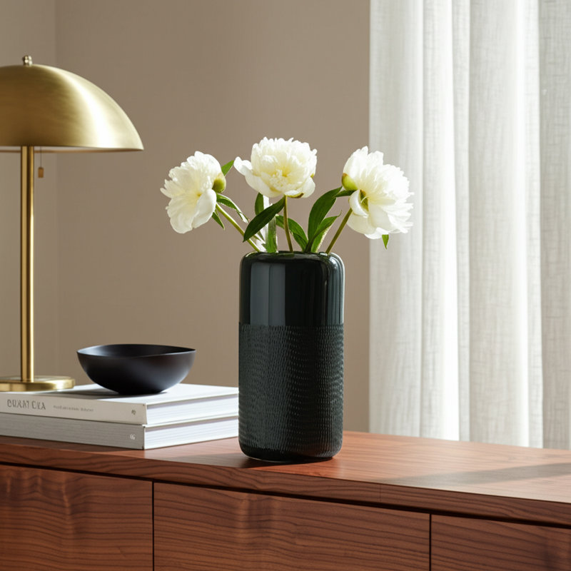 Vase en grès céramique Rachael, H 10 po x l 5 po x P 5 po, Ivoire gravé / beige