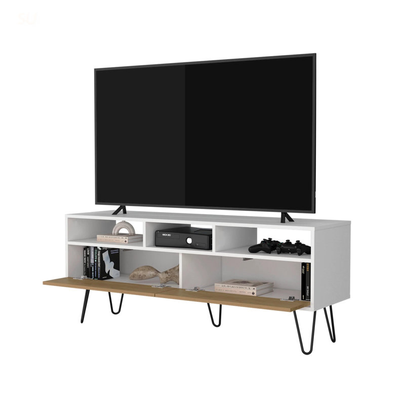Stylish White And Natural Oak TV Stand With 2 Doors And Open Shelves For Ample Storage And Display, Particle Board