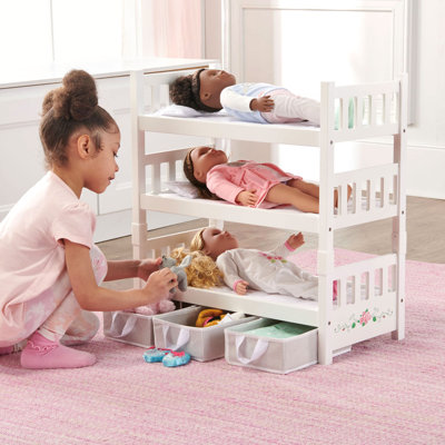 1-2-3 Convertible Doll Bunk Bed with Bedding, Baskets, and Free Personalization Kit