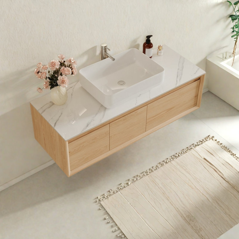 Meuble-lavabo flottant 48 po avec comptoir en pierre frittée 48 po, Bois clair, White
