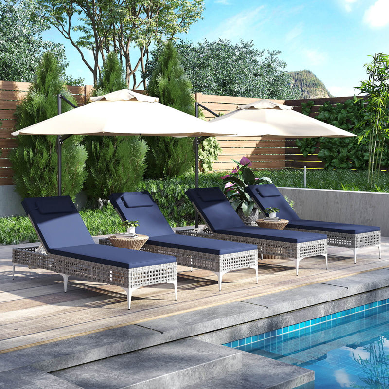 Patio Chaise Lounge Chair With 6-level Adjustable Backrest Removable Cushion Navy