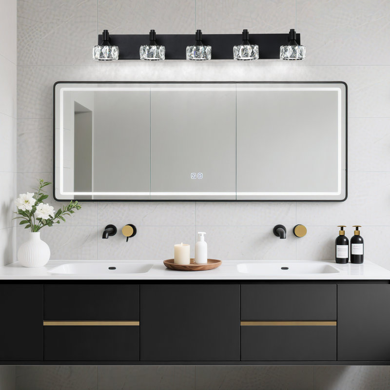  5-Light Matte Black Bathroom Vanity Light With Crystal Glass Shades, LED Wall Sconce Lighting For Bathroom Mirror