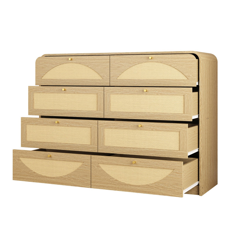 Commode 8 tiroirs avec façade en rotin, commode à panneaux de particules larges, armoire de rangement moderne en bois pour le salon de la chambre à coucher