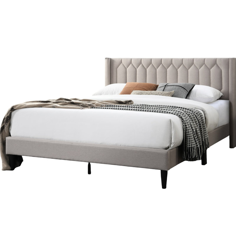 Queen Bed, Brown, Burlap Fabric, Modern Geometric Diamond Headboard, Platform No Box Spring Burlap, Contemporary - Design Bed