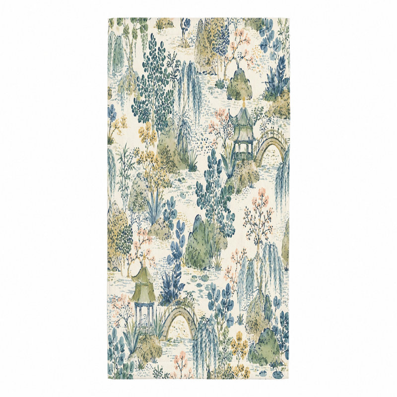 1Pcs Oriental Garden Beach Towel, featuring a tranquil landscape with pagodas, bridges, weeping willows, and blooming trees in vintage toile de Jouy style. Large microfiber, perfect for trips, swimming, travel, outdoor activities, u