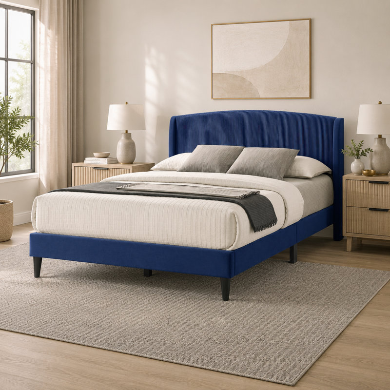 Grand lit tapissier contemporain avec tête de lit courbée Jolande, Grand lit, Bleu
